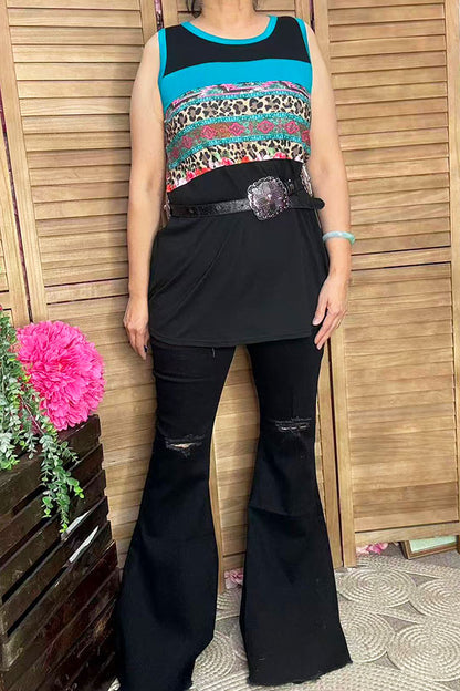 YMY12590 Leopard & floral black color block tank top