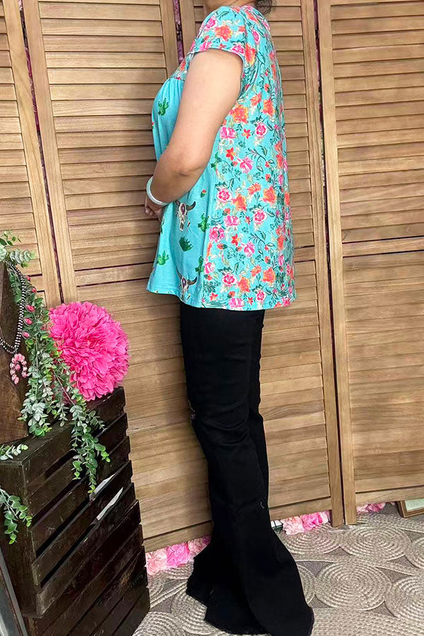 Floral & Bull & Cactus prints short sleeve women top XCH13661S