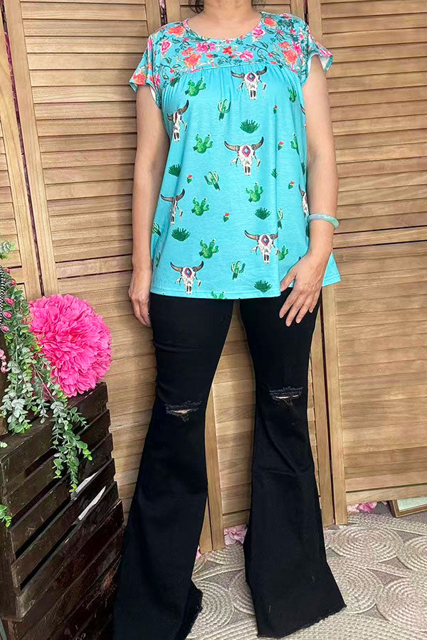 Floral & Bull & Cactus prints short sleeve women top XCH13661S