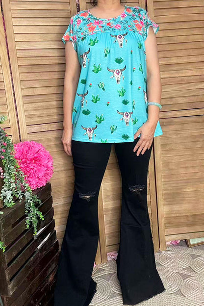 Floral & Bull & Cactus prints short sleeve women top XCH13661S