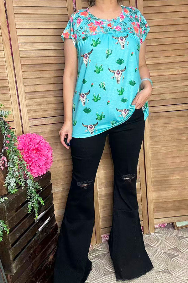 Floral & Bull & Cactus prints short sleeve women top XCH13661S