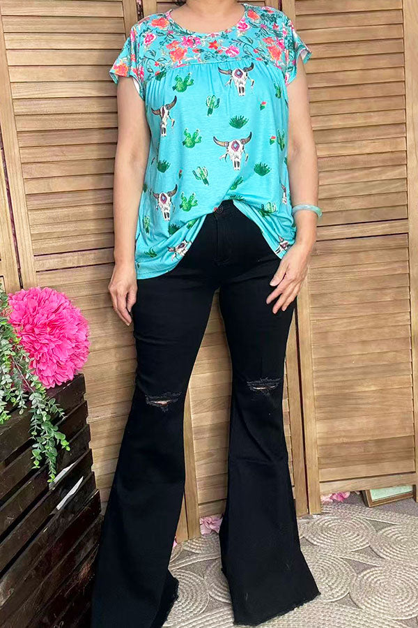 Floral & Bull & Cactus prints short sleeve women top XCH13661S