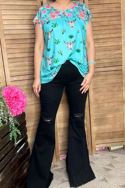 Floral & Bull & Cactus prints short sleeve women top XCH13661S