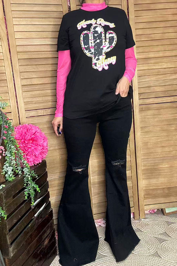 DLH9546 "Howdy Rowdy Honey" Black cactus printed t-shirt
