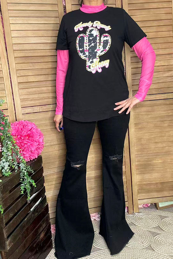 DLH9546 "Howdy Rowdy Honey" Black cactus printed t-shirt