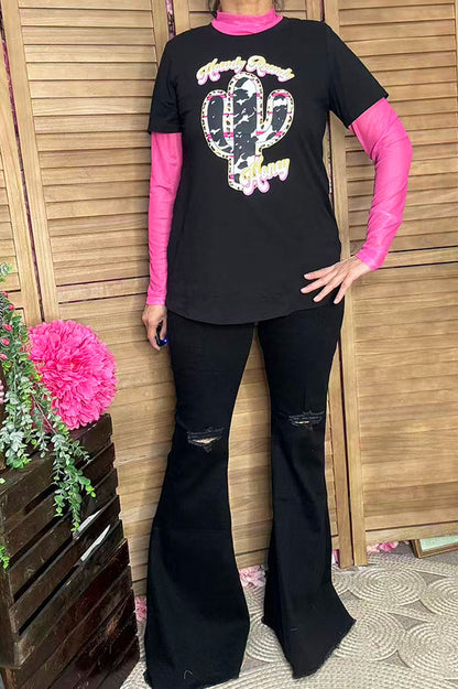 DLH9546 "Howdy Rowdy Honey" Black cactus printed t-shirt