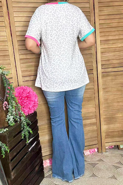 XCH14764 YEE HAW & Leopard prints short sleeve women top