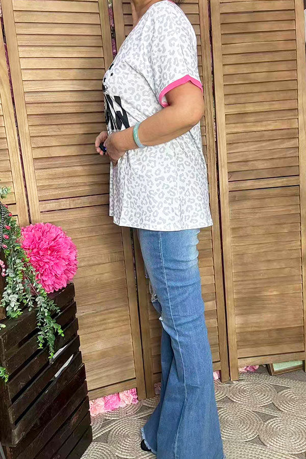 XCH14764 YEE HAW & Leopard prints short sleeve women top