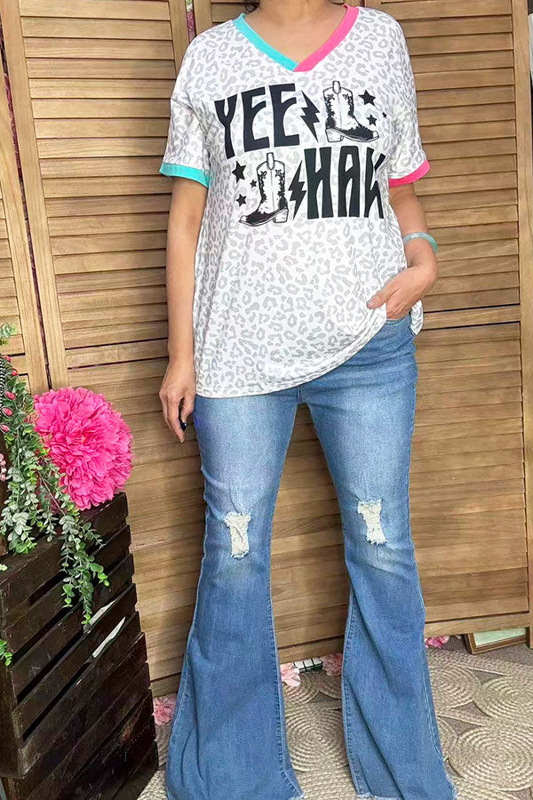 XCH14764 YEE HAW & Leopard prints short sleeve women top