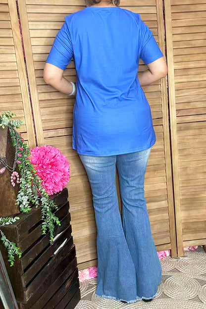 "One happy camper"multi color printed blue fabric short sleeves women top XCH14774