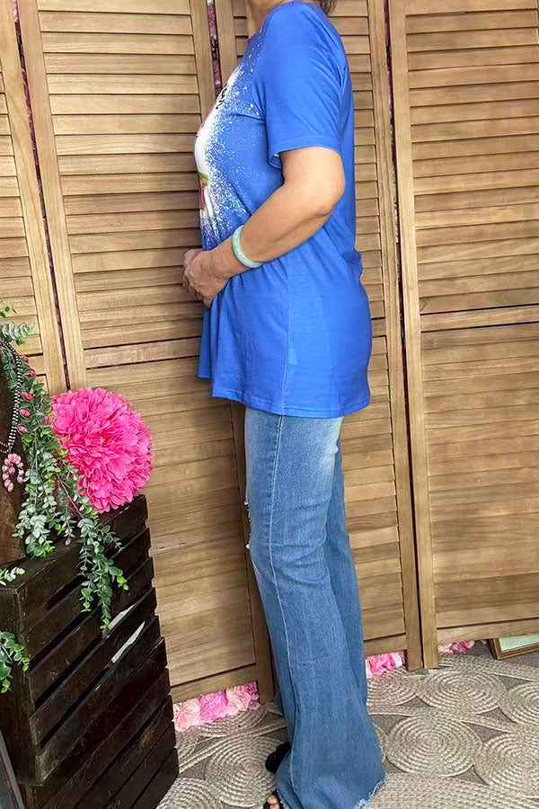 "One happy camper"multi color printed blue fabric short sleeves women top XCH14774