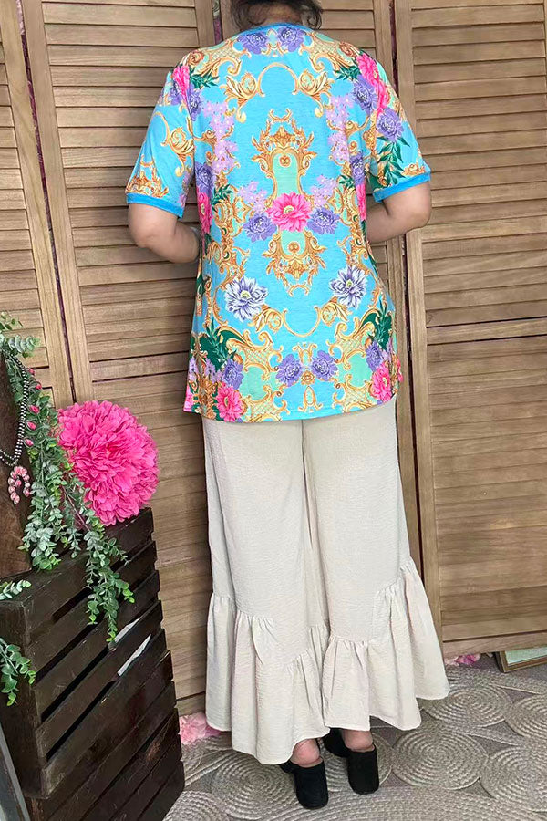 Women's t-shirt wholesaleTurquoise pink & purple floral gold printed short sleeve top GJQ13637