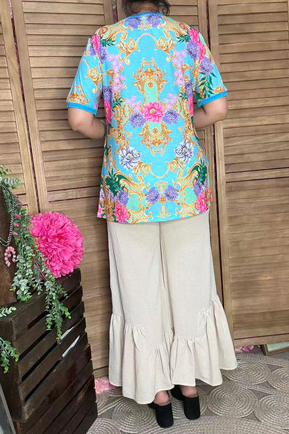 Women's t-shirt wholesaleTurquoise pink & purple floral gold printed short sleeve top GJQ13637