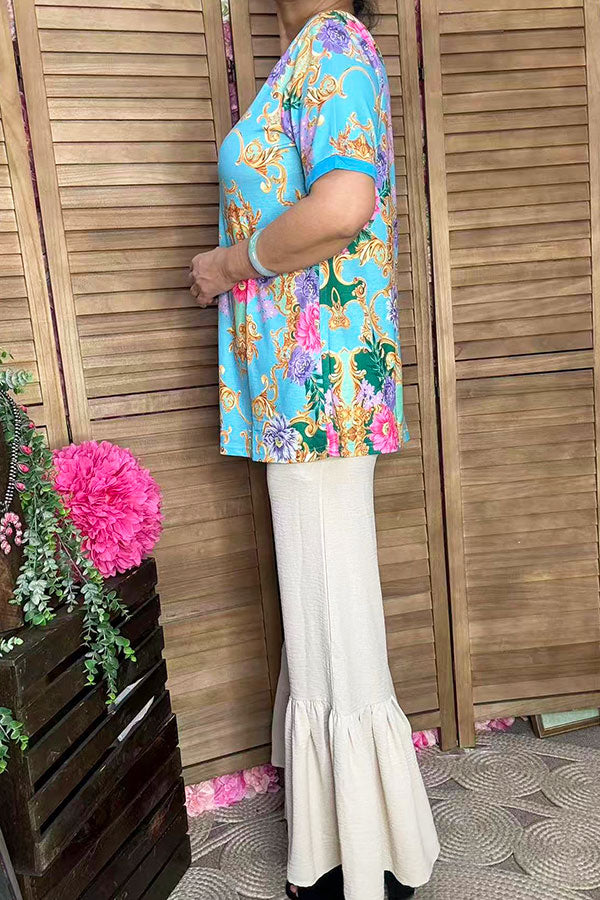 Women's t-shirt wholesaleTurquoise pink & purple floral gold printed short sleeve top GJQ13637