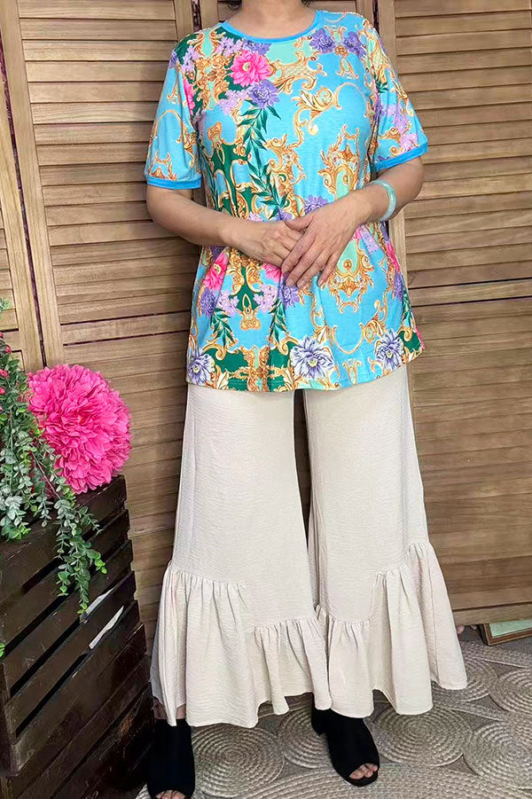 Women's t-shirt wholesaleTurquoise pink & purple floral gold printed short sleeve top GJQ13637