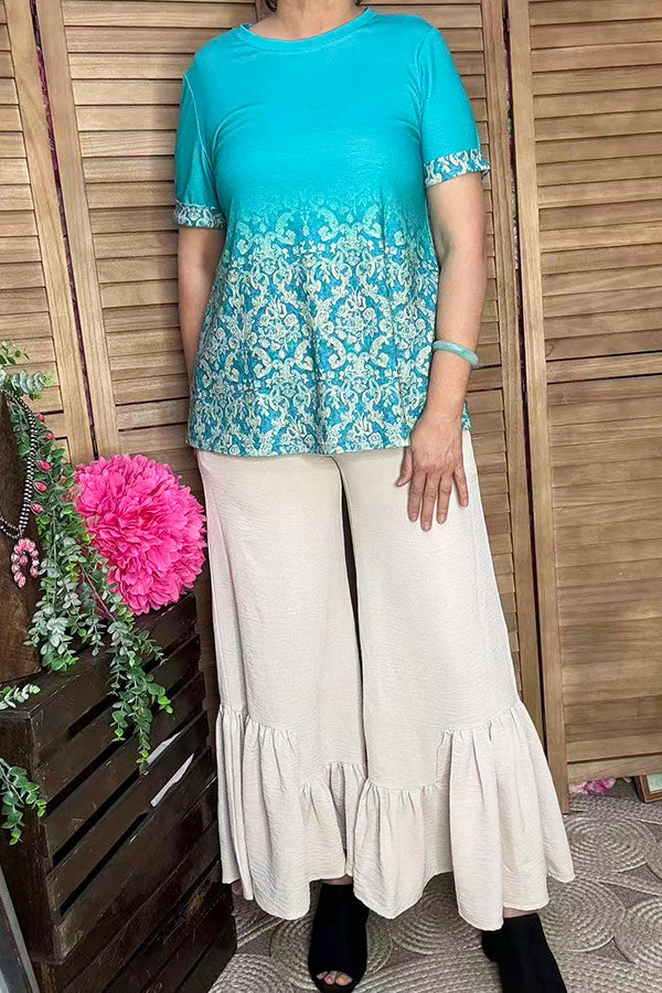 Western mint paisley printed tie dye short sleeve women top GJQ16461