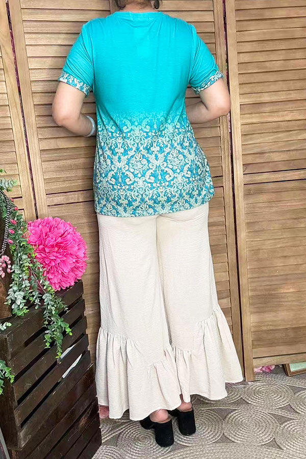 Western mint paisley printed tie dye short sleeve women top GJQ16461