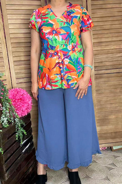 Orange mint floral printed double ruffle short sleeve women top GJQ16516