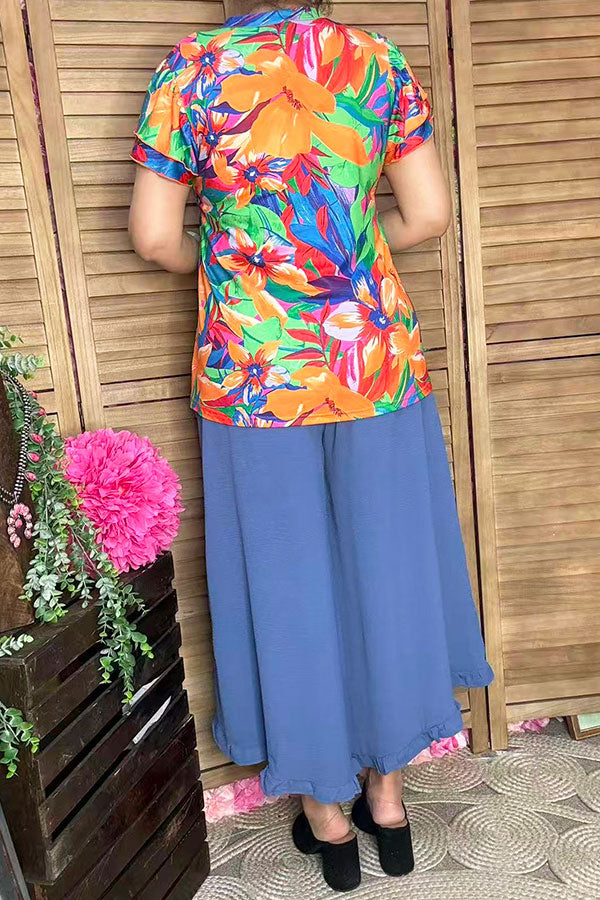 Orange mint floral printed double ruffle short sleeve women top GJQ16516