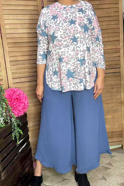 Blue/pink leopard & start printed 3/4 sleeve top BQ10670