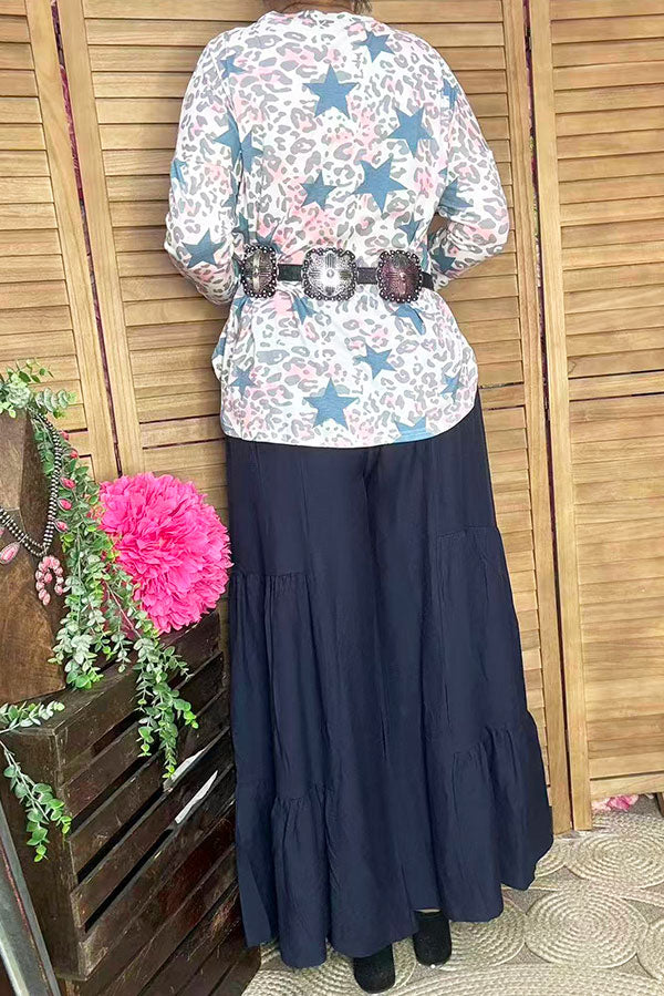 Blue/pink leopard & start printed 3/4 sleeve top BQ10670