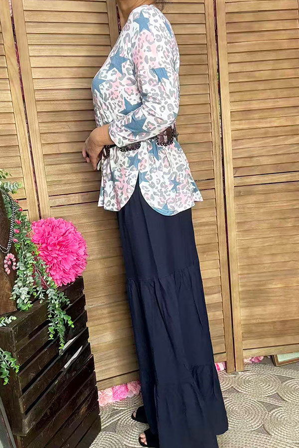 Blue/pink leopard & start printed 3/4 sleeve top BQ10670