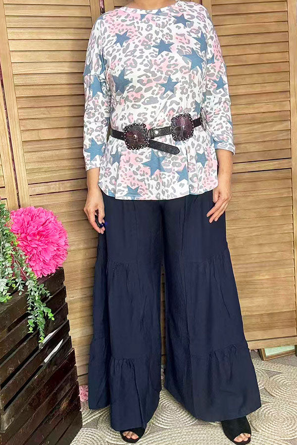Blue/pink leopard & start printed 3/4 sleeve top BQ10670
