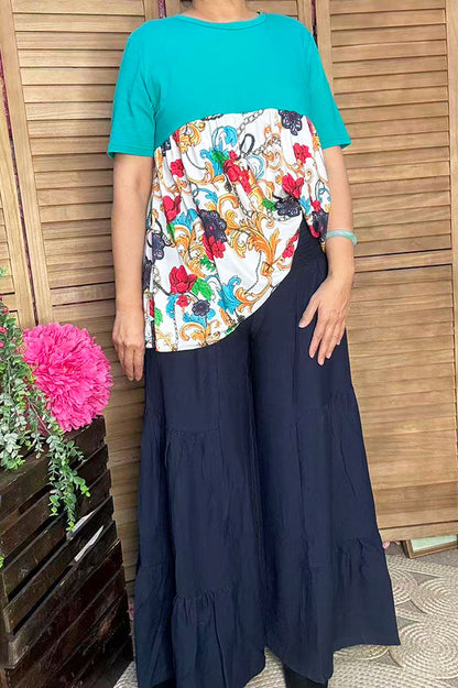 Women's clothing vendors Turquoise&  Paisley floral prints baby doll tops GJQ14904