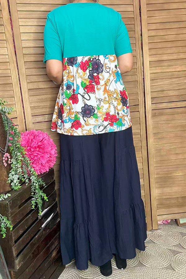 Women's clothing vendors Turquoise&  Paisley floral prints baby doll tops GJQ14904