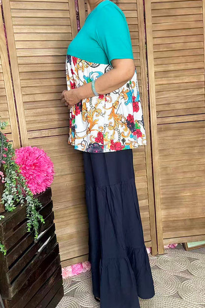 Women's clothing vendors Turquoise&  Paisley floral prints baby doll tops GJQ14904