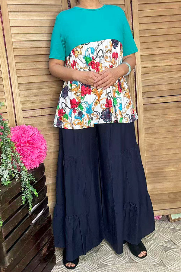 Women's clothing vendors Turquoise&  Paisley floral prints baby doll tops GJQ14904