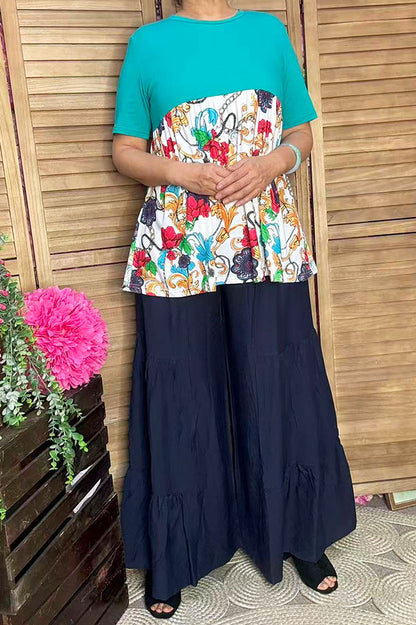 Women's clothing vendors Turquoise&  Paisley floral prints baby doll tops GJQ14904