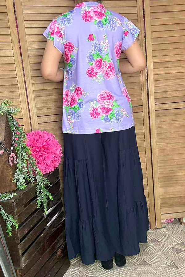GJQ15842 Fuchsia multi color floral printed V-neckline short sleeve w/ruffle women purple tops