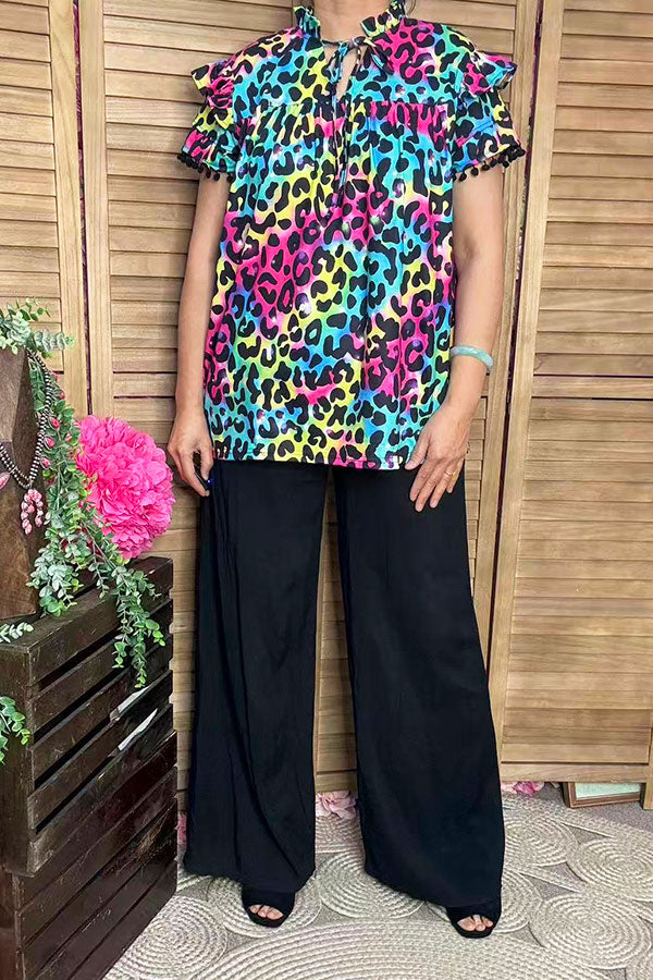 Western leopard double ruffle/black pompom short sleeve women tops BQ15644
