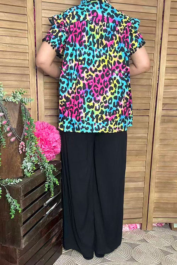 Western leopard double ruffle/black pompom short sleeve women tops BQ15644