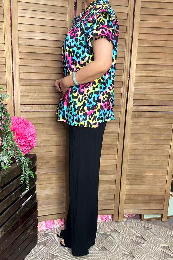 Western leopard double ruffle/black pompom short sleeve women tops BQ15644