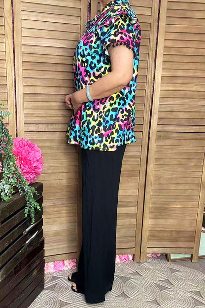 Western leopard double ruffle/black pompom short sleeve women tops BQ15644
