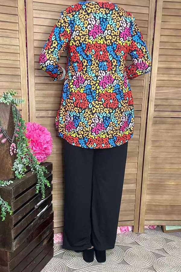 Leopard printed 3/4 sleeve top & black pant 2pcs women sets GJQ15718