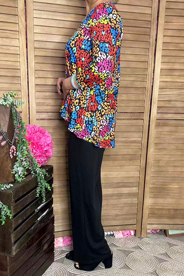 Leopard printed 3/4 sleeve top & black pant 2pcs women sets GJQ15718