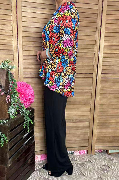Leopard printed 3/4 sleeve top & black pant 2pcs women sets GJQ15718