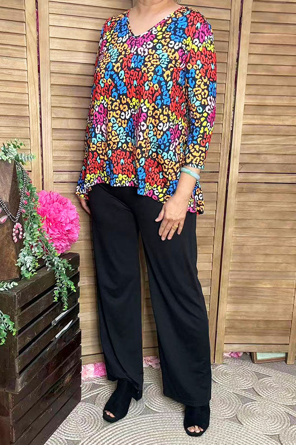 Leopard printed 3/4 sleeve top & black pant 2pcs women sets GJQ15718