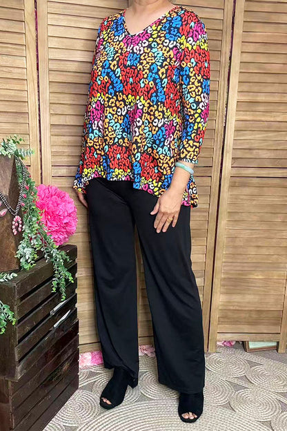 Leopard printed 3/4 sleeve top & black pant 2pcs women sets GJQ15718