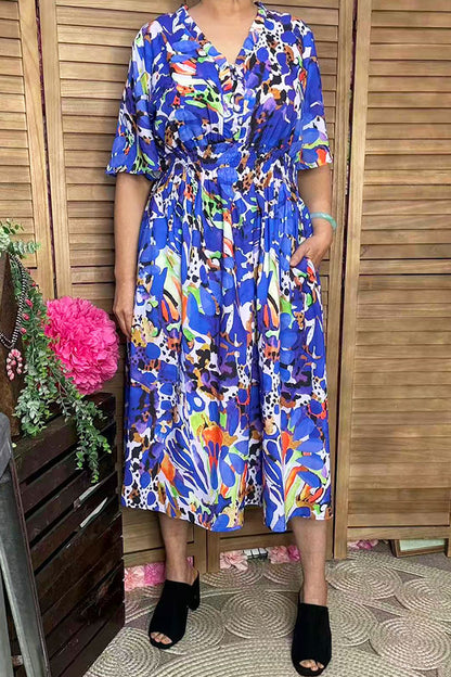 Blue patterns ruffle trim & elastic waist short sleeve women dress w/v-neck GJQ16907