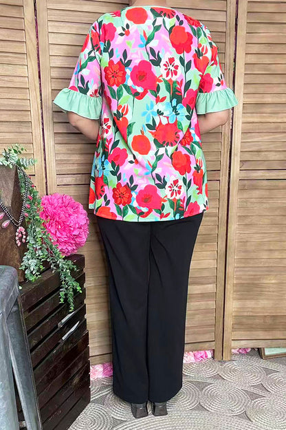 Southern Stitch floral printed mint ruffle short sleeve women's top GJQ16702