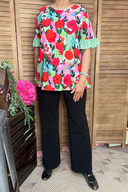 Southern Stitch floral printed mint ruffle short sleeve women's top GJQ16702