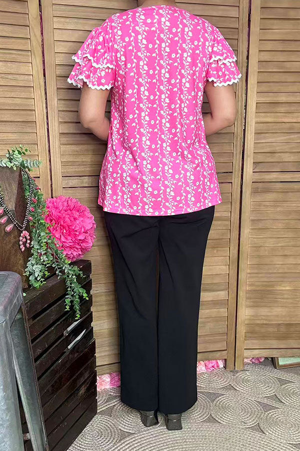 Southern Stitch Pink floral printed & puff short sleeves white trim women top XCH16951