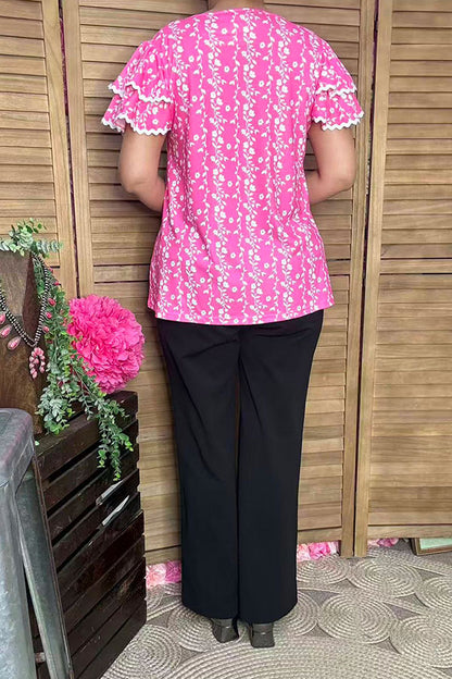 Southern Stitch Pink floral printed & puff short sleeves white trim women top XCH16951