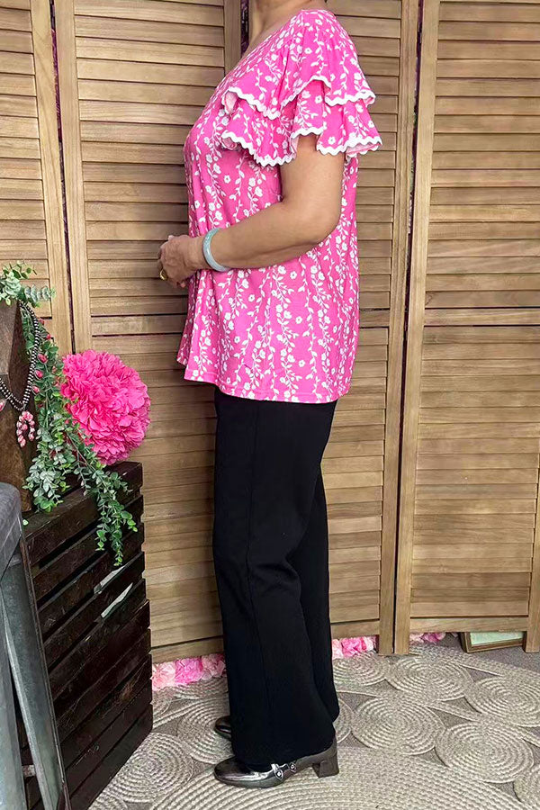 Southern Stitch Pink floral printed & puff short sleeves white trim women top XCH16951