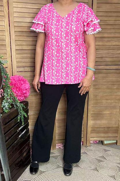 Southern Stitch Pink floral printed & puff short sleeves white trim women top XCH16951