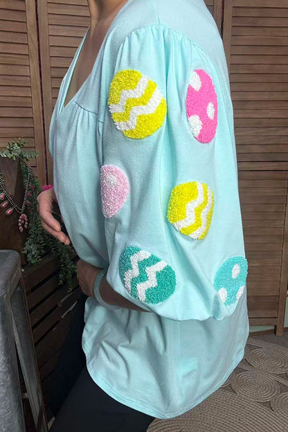 Easter eggs patches aqua puff short sleeves women top XCH16548